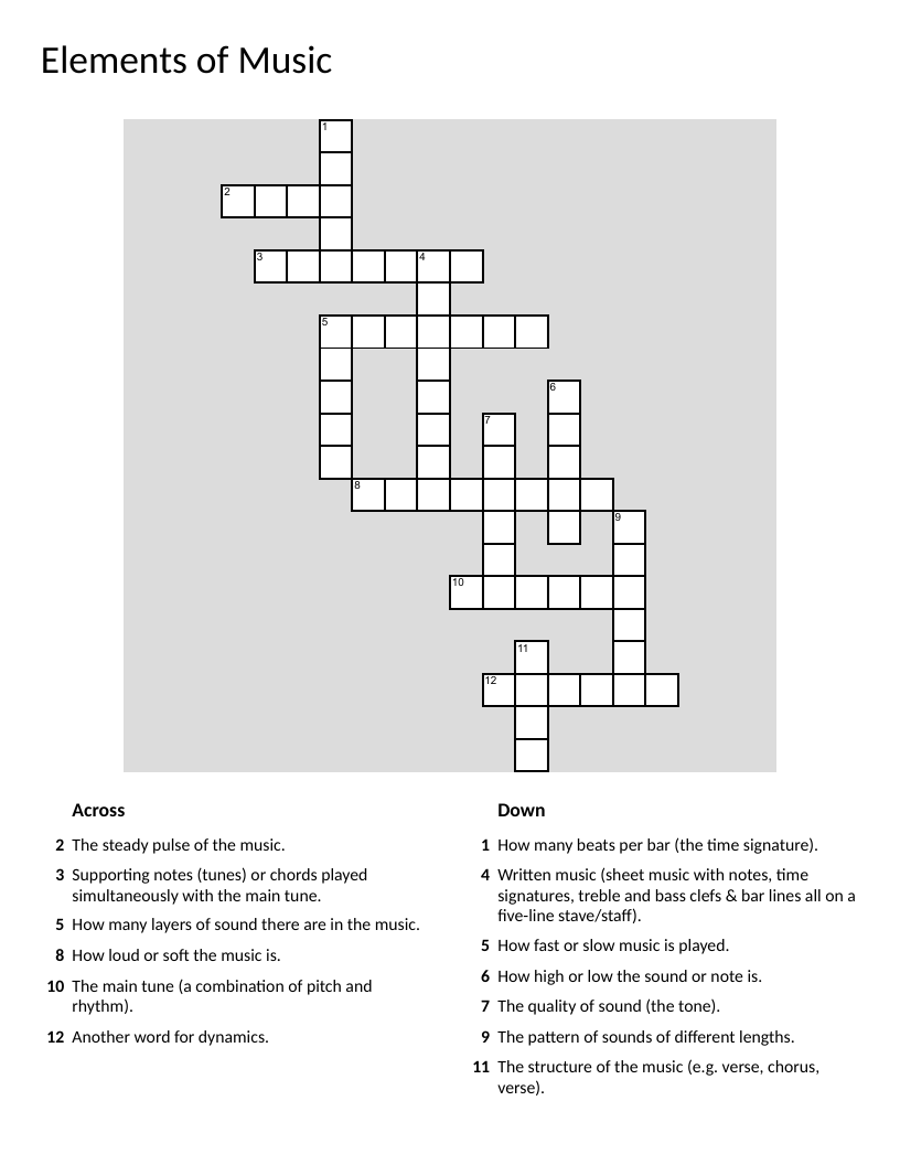 Music theory crossword with vocabulary like melody, rhythm, harmony, and tempo.