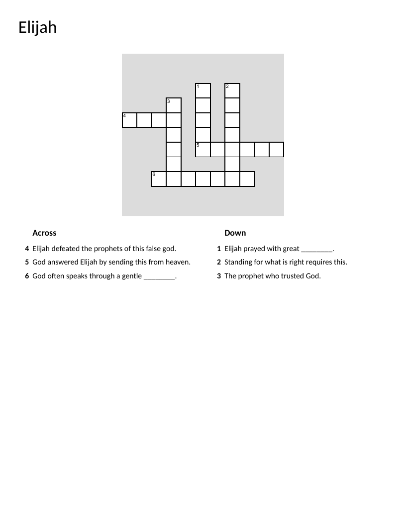 Elijah Bible crossword with clues about faith, courage, and the prophet's trust in God.