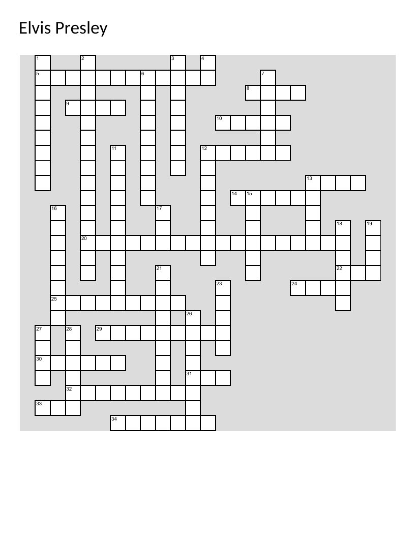 Elvis Presley crossword puzzle with clues on Graceland, his films, and hit songs.