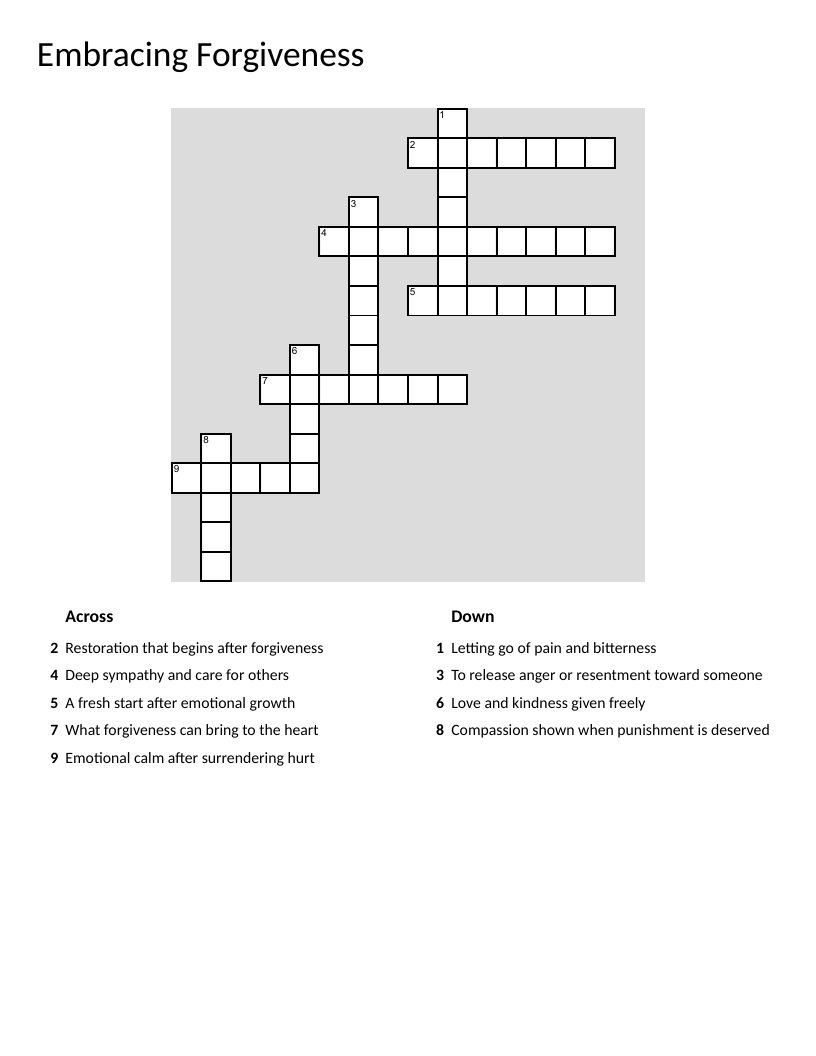 Forgiveness and healing crossword puzzle with words like compassion, grace, and mercy.