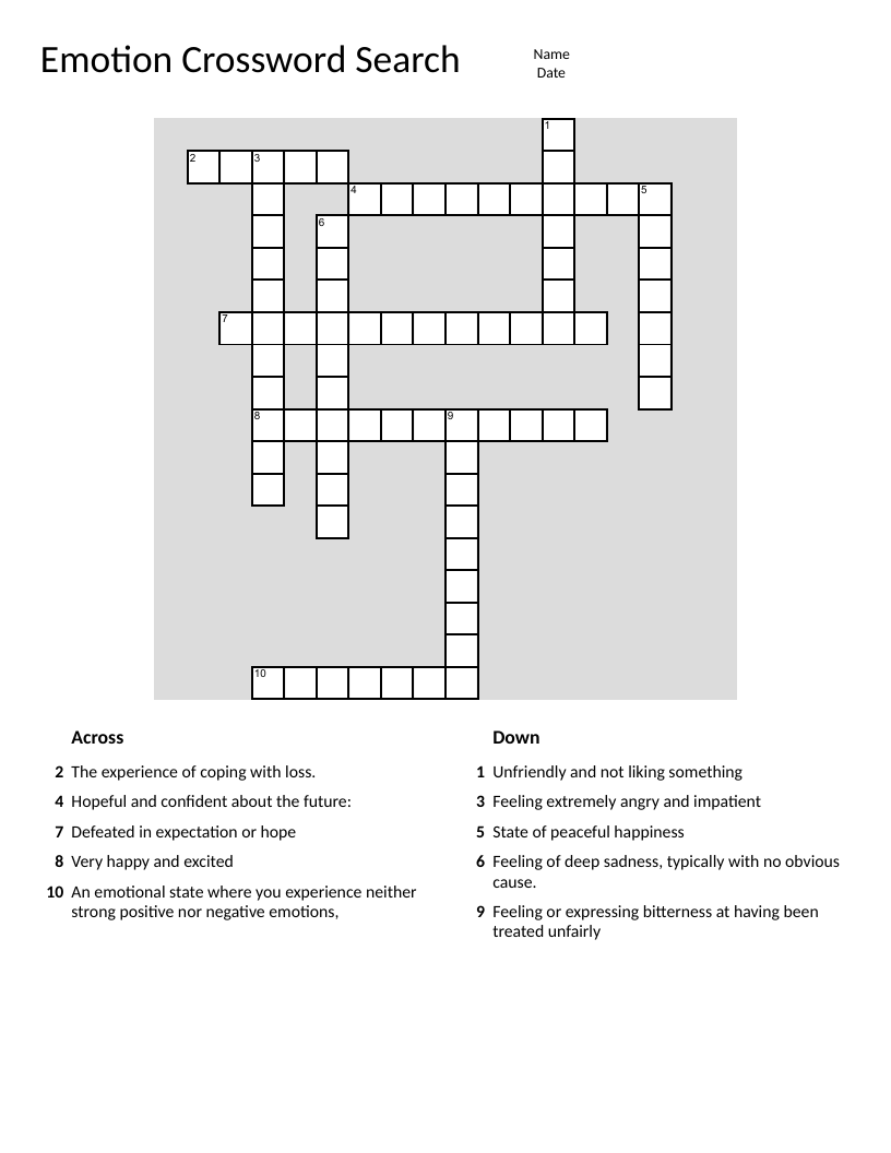 Emotions crossword with words like grief, optimistic, and melancholy.