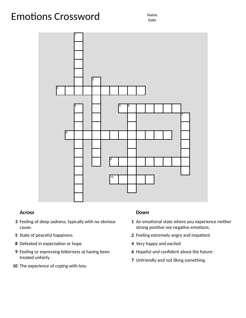 Emotions vocabulary crossword with words like melancholy, grief, and exhilarated.