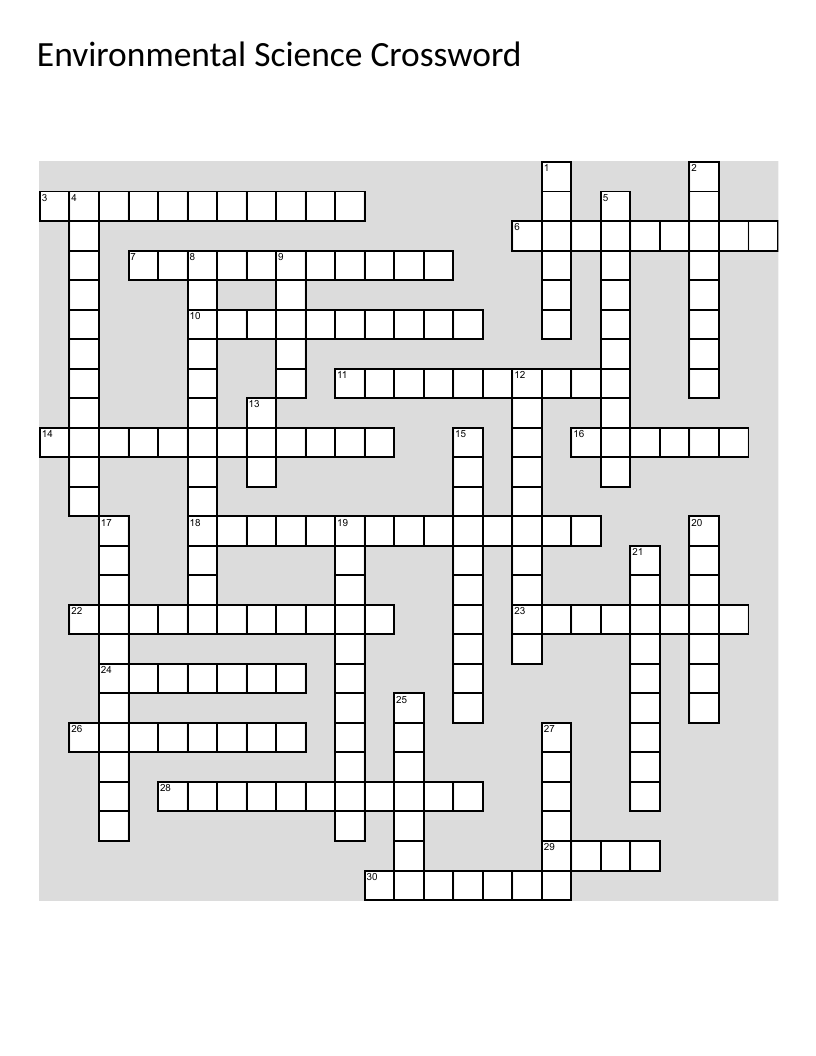 Environmental science crossword with ecology, biosphere, cycles, and atmosphere vocabulary.