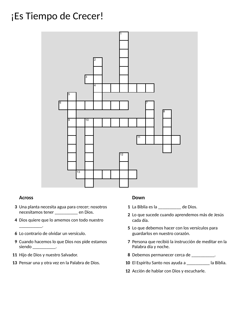 Spanish Bible vocabulary crossword with words like fe, corazón, and oración.