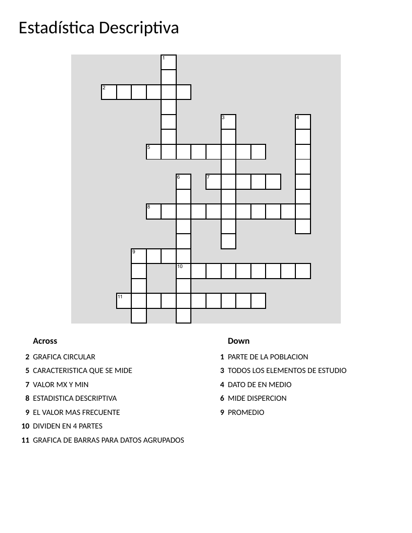 Descriptive statistics crossword in Spanish with vocabulary for mean, median, and histogram.