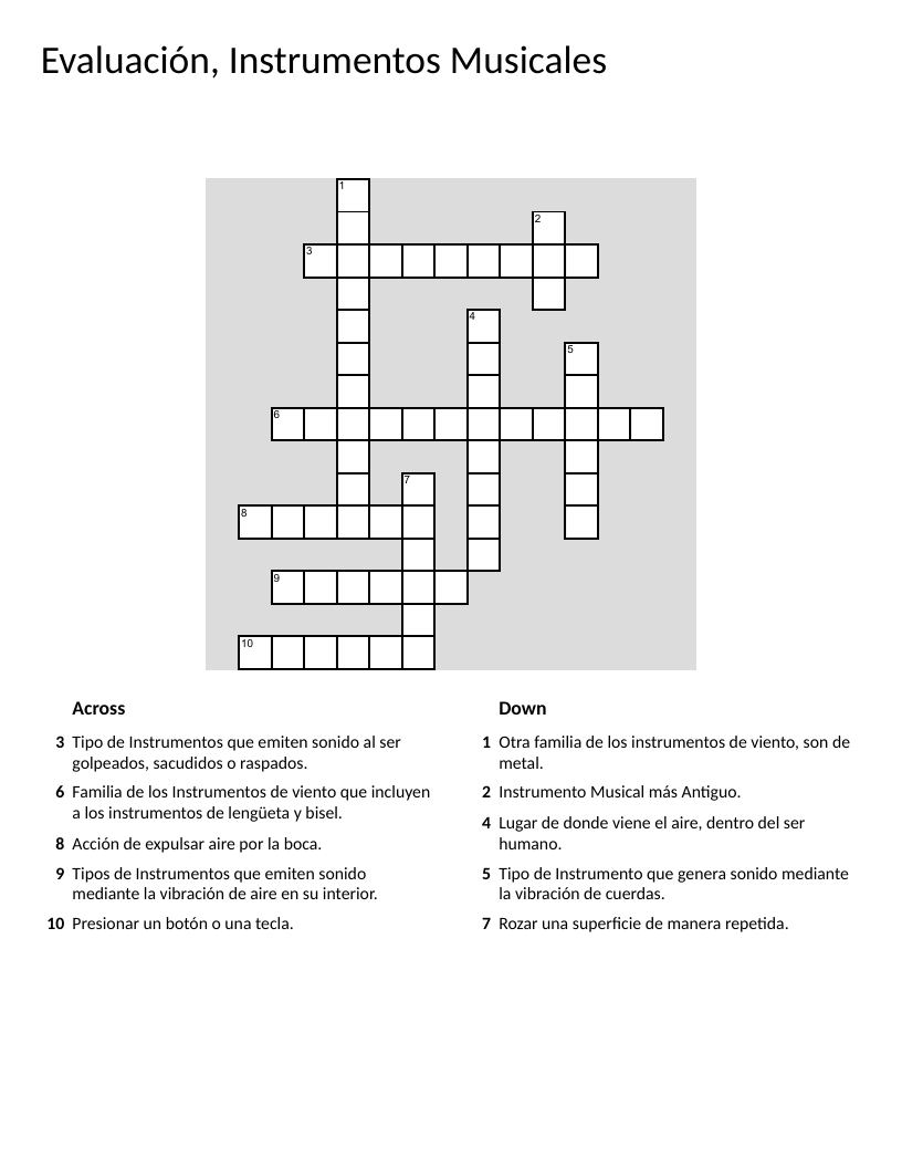 Spanish musical instruments vocabulary crossword with percussion, wind, and string families.