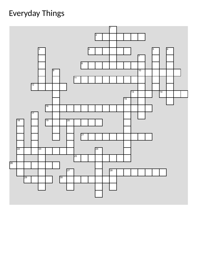 Korean-English crossword with everyday objects like glasses, wallet, and cellphone.