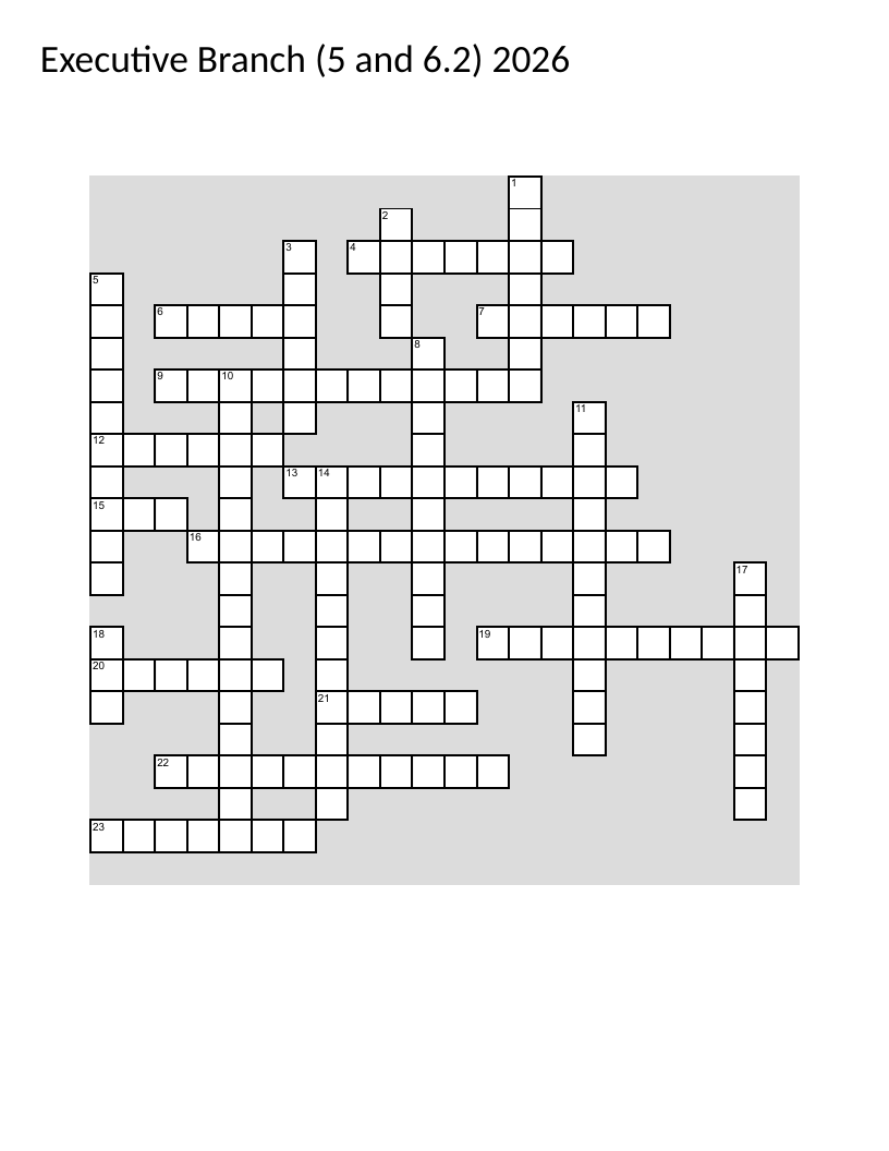 Executive branch civics crossword with presidents, cabinet members, and government policies.