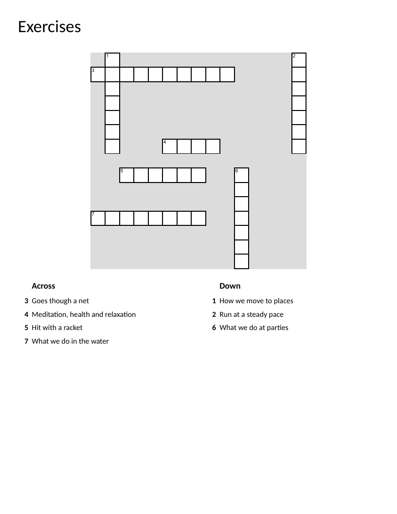 Exercises crossword with sports and activities like basketball, tennis, and swimming.