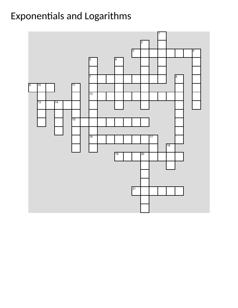 Exponentials and logarithms crossword with algebra terms like asymptote and compound growth.