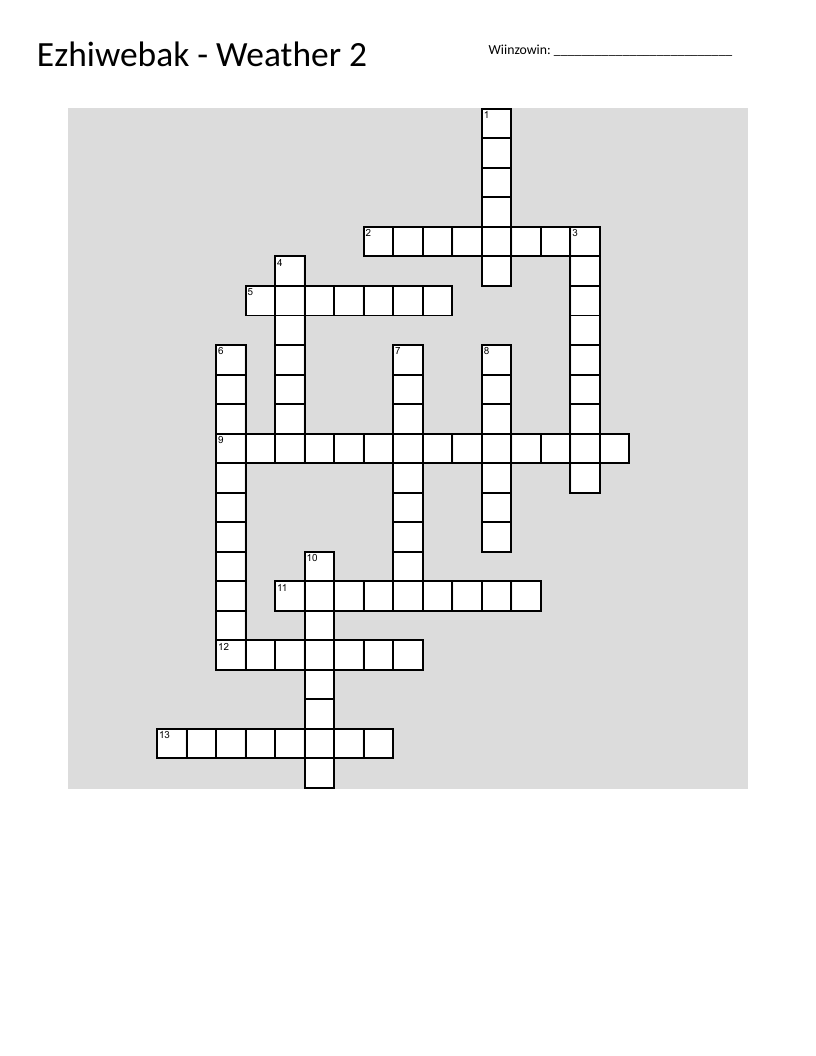 Ojibwe weather vocabulary crossword with rain, snow, wind, and temperature terms.