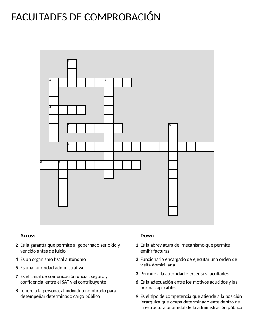 Spanish administrative law crossword with government and tax authority vocabulary.