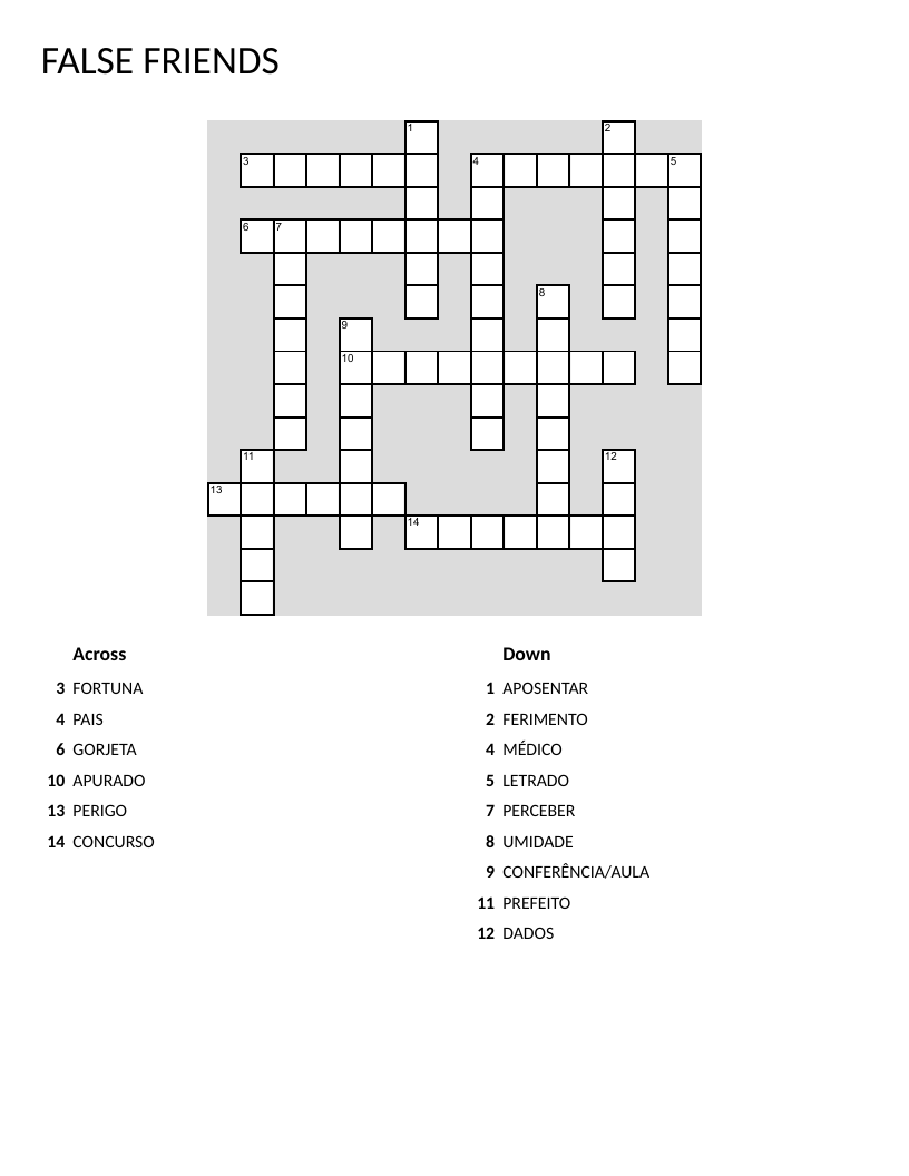 Portuguese false friends vocabulary crossword with English translations.
