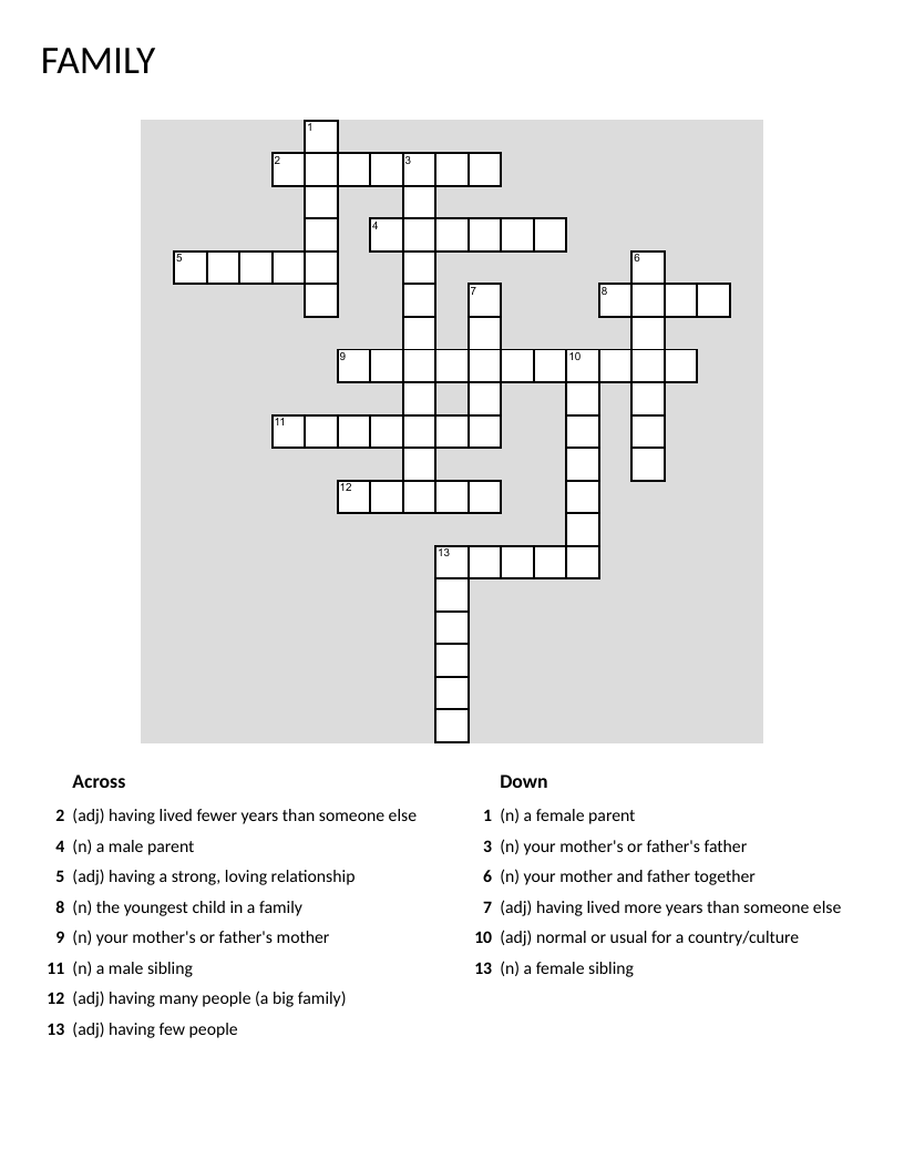 Family vocabulary crossword with words like mother, father, and grandmother.
