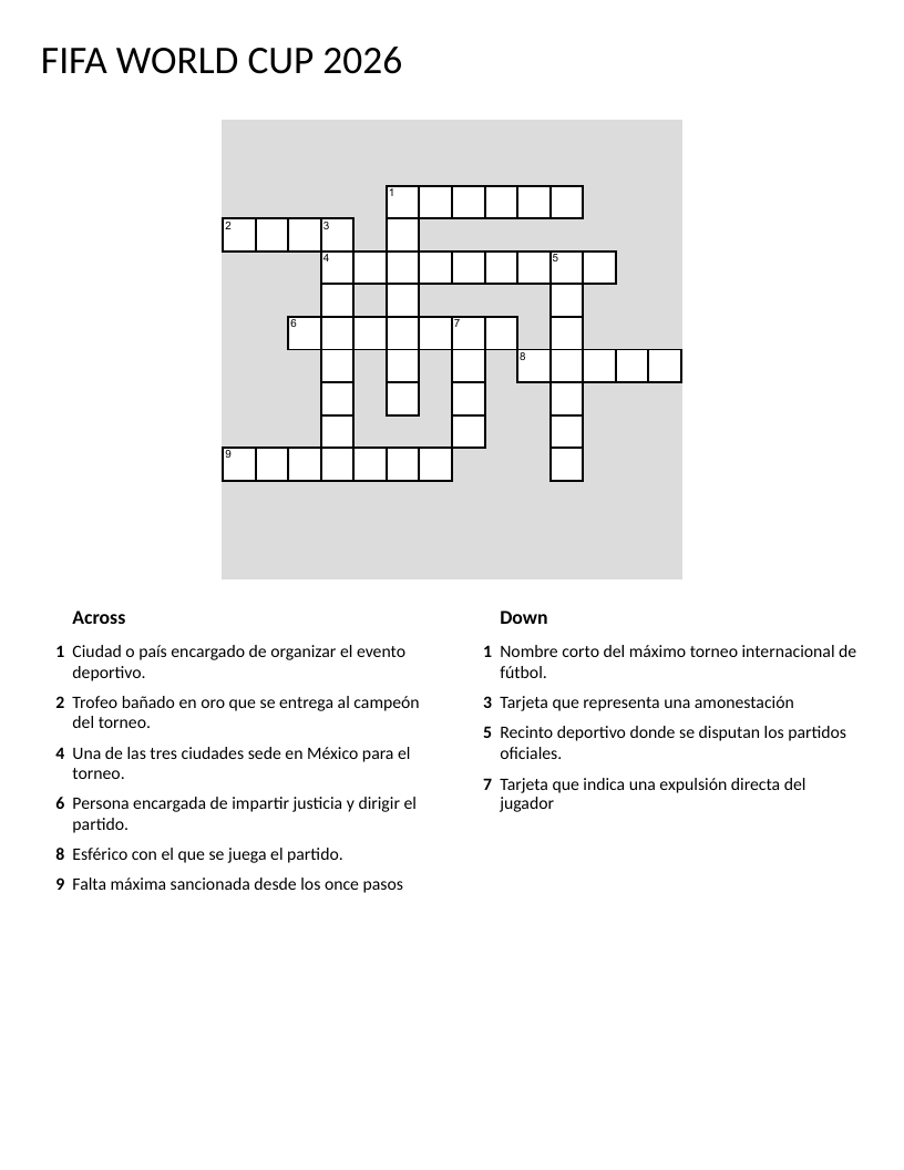 FIFA World Cup 2026 crossword in Spanish with soccer vocabulary and tournament information.