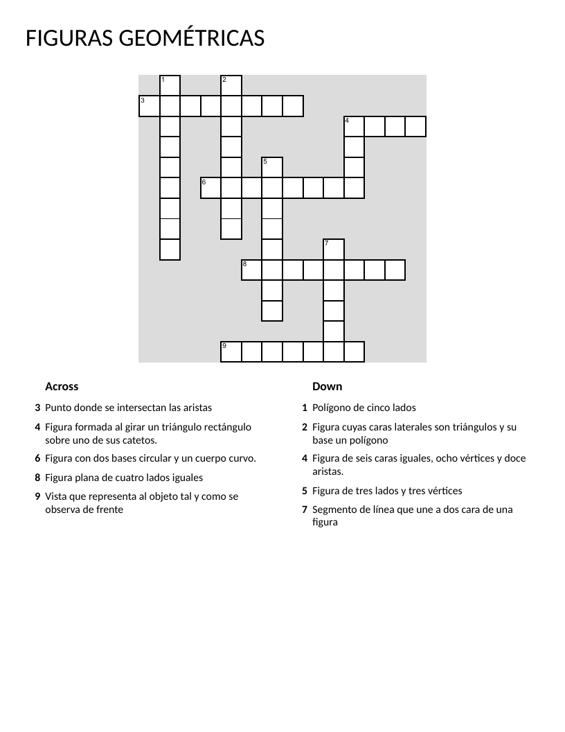 Spanish geometry crossword with shapes like pyramid, cylinder, cube, and pentagon.