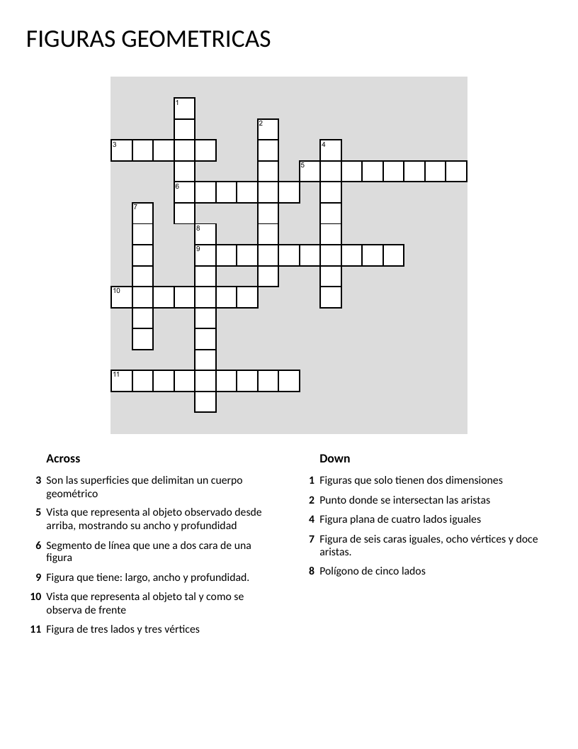 Spanish geometry crossword with shapes, vertices, edges, and orthographic views.