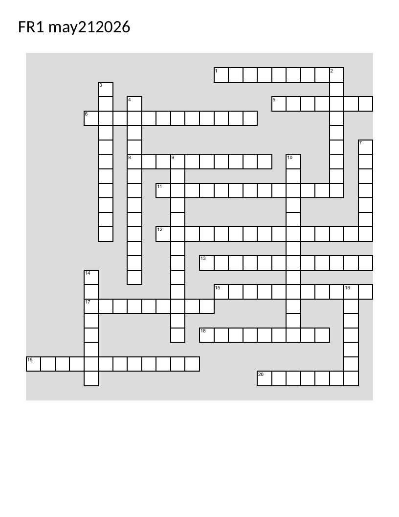 Beginner French crossword with household objects, numbers, and common phrases.