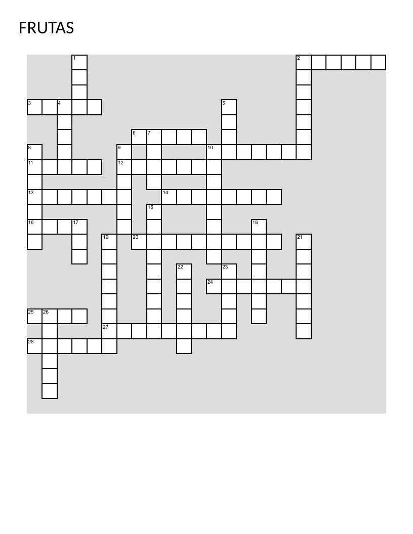 Portuguese fruits vocabulary crossword with words like banana, morango, and melancia.