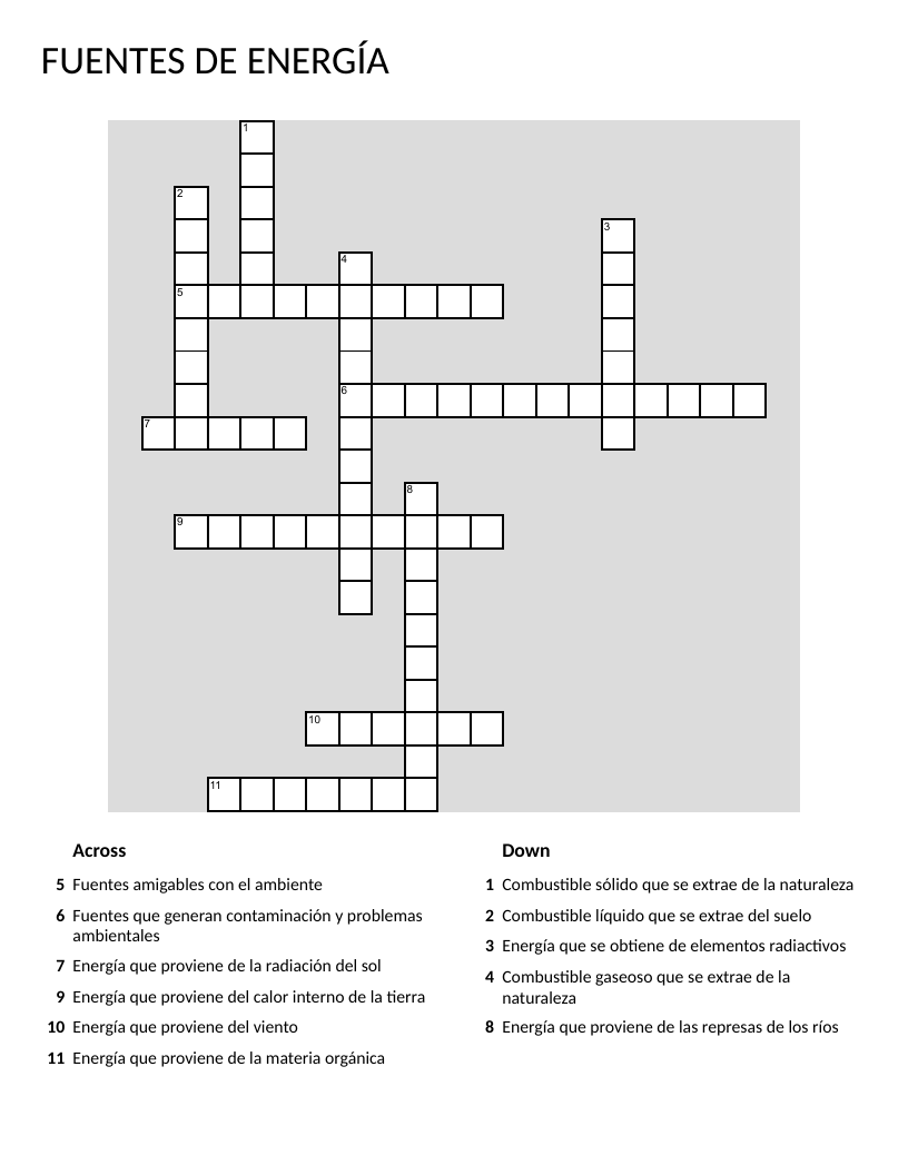Spanish energy sources crossword with solar, wind, coal, and petroleum vocabulary.