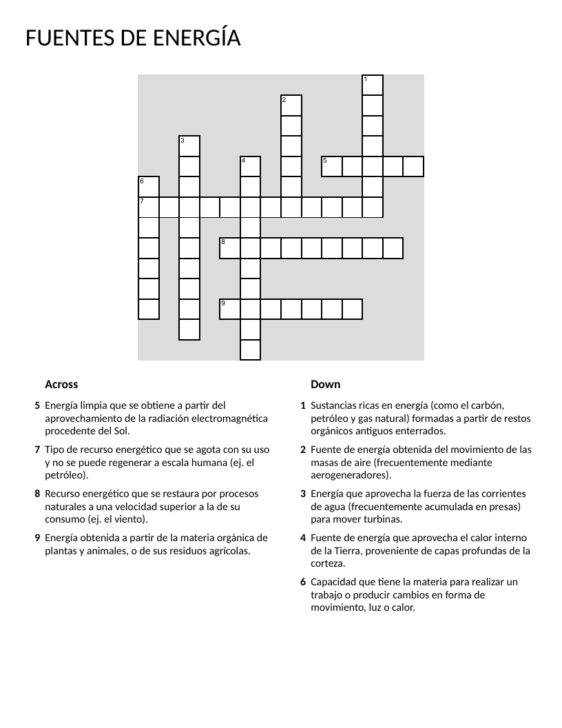 Spanish energy sources crossword with renewable and nonrenewable energy vocabulary.