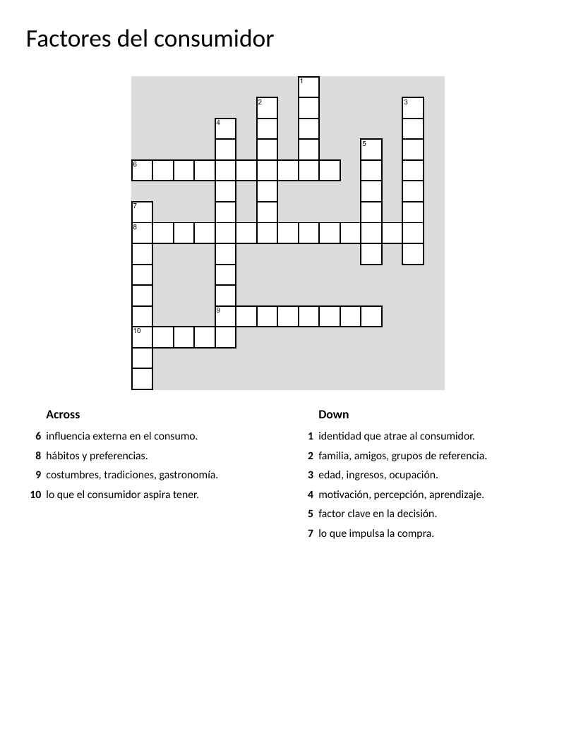Spanish consumer economics crossword with vocabulary on brand, culture, and price factors.