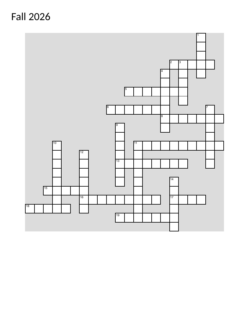 Fall crossword puzzle with autumn themes like pumpkins, foliage, and scarecrows.