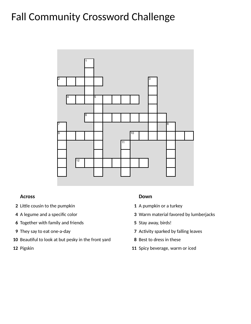 Fall-themed crossword puzzle with pumpkins, apples, and scarecrows.