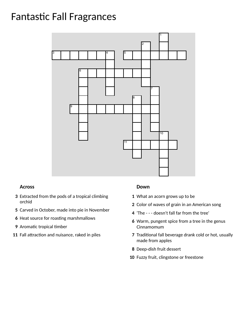 Fall fragrances crossword with autumn scents like vanilla, pumpkin, and cinnamon.