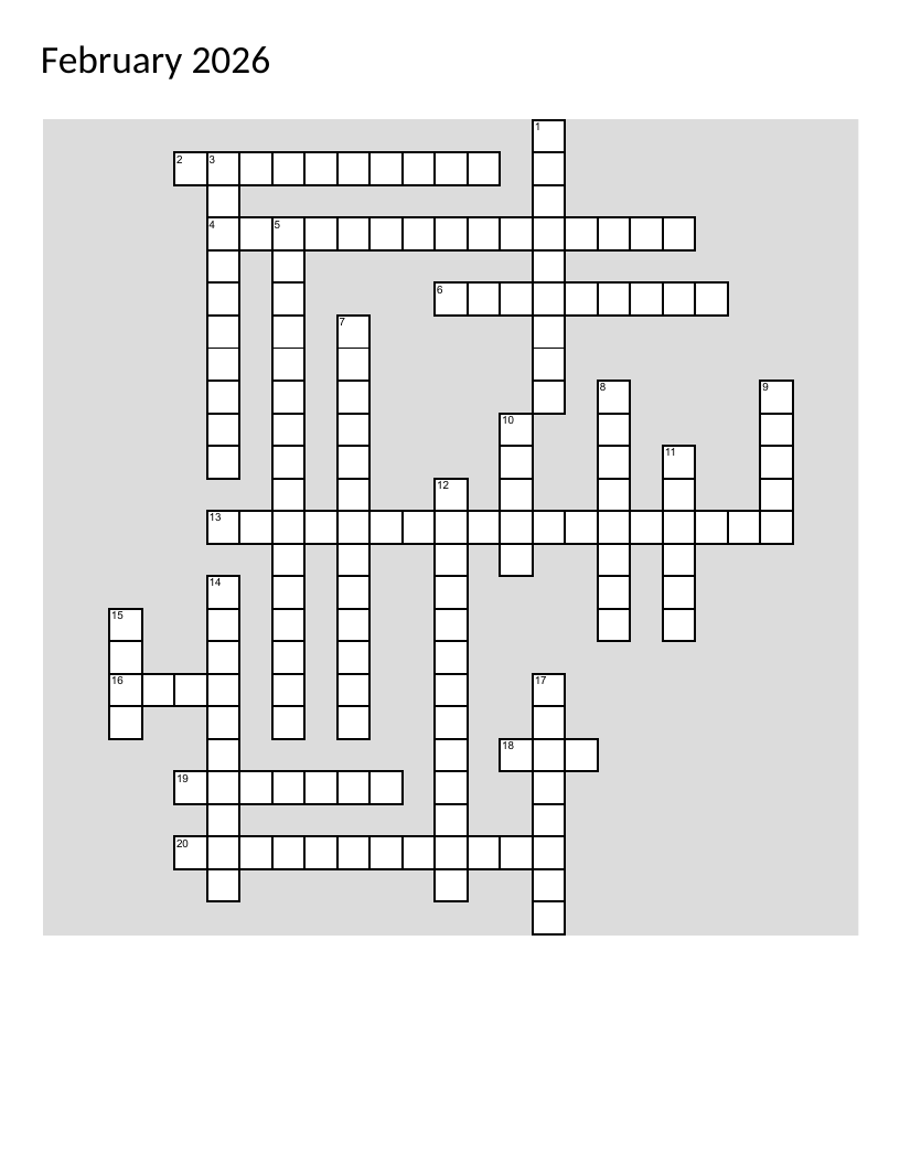 February holidays crossword with Valentine's Day, Presidents' Day, and Groundhog Day.