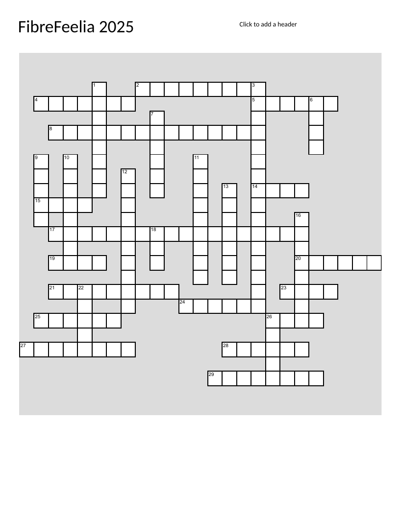 Fibre arts crossword with knitting, crochet, weaving, quilting, and embroidery clues.