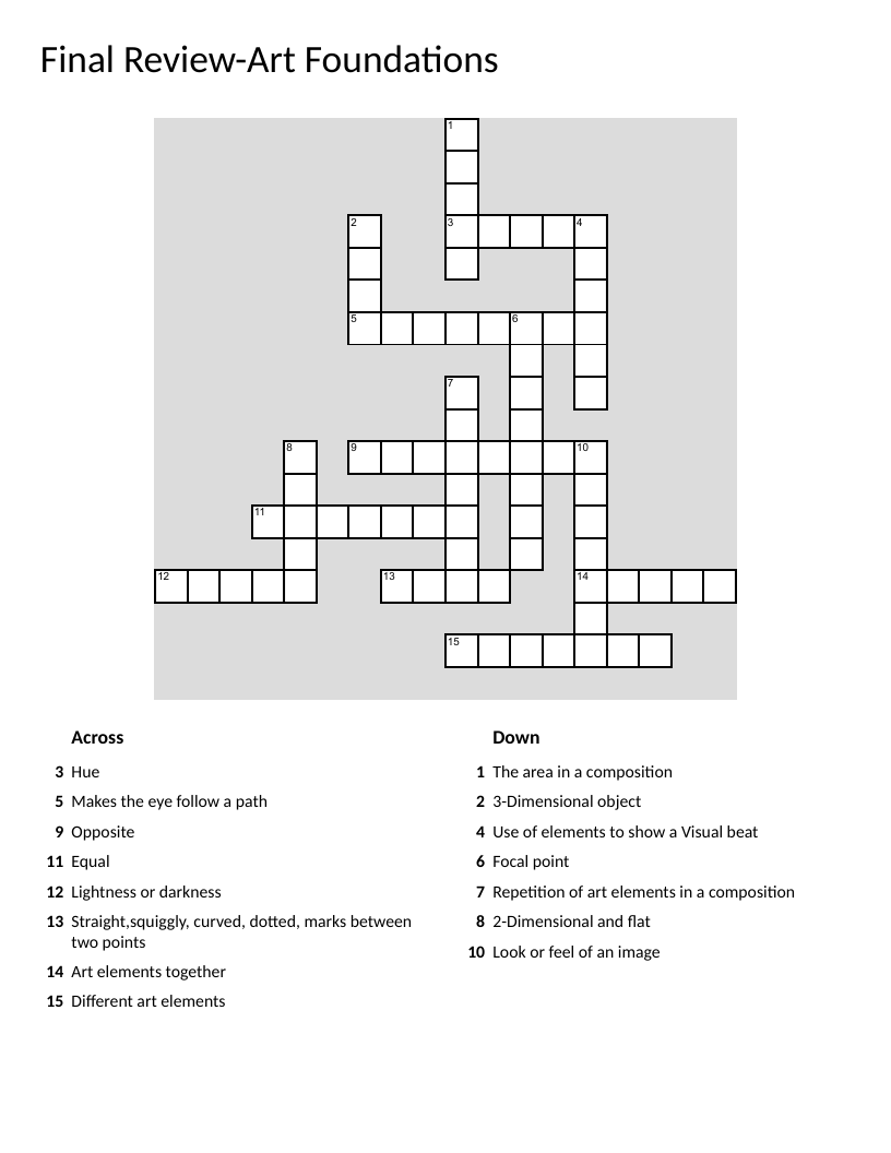 Art Foundations crossword with concepts like color, balance, contrast, and rhythm.