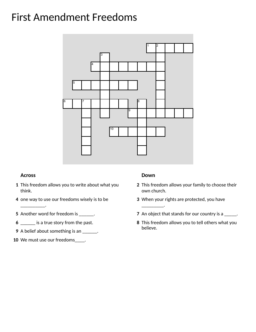 First Amendment crossword with vocabulary about speech, press, religion, and freedom.