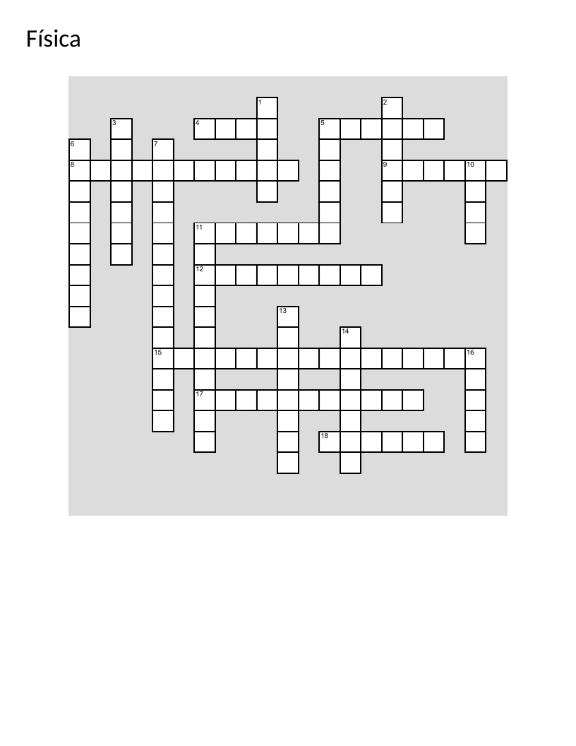Spanish physics crossword covering mass, force, energy, velocity, and gravity.