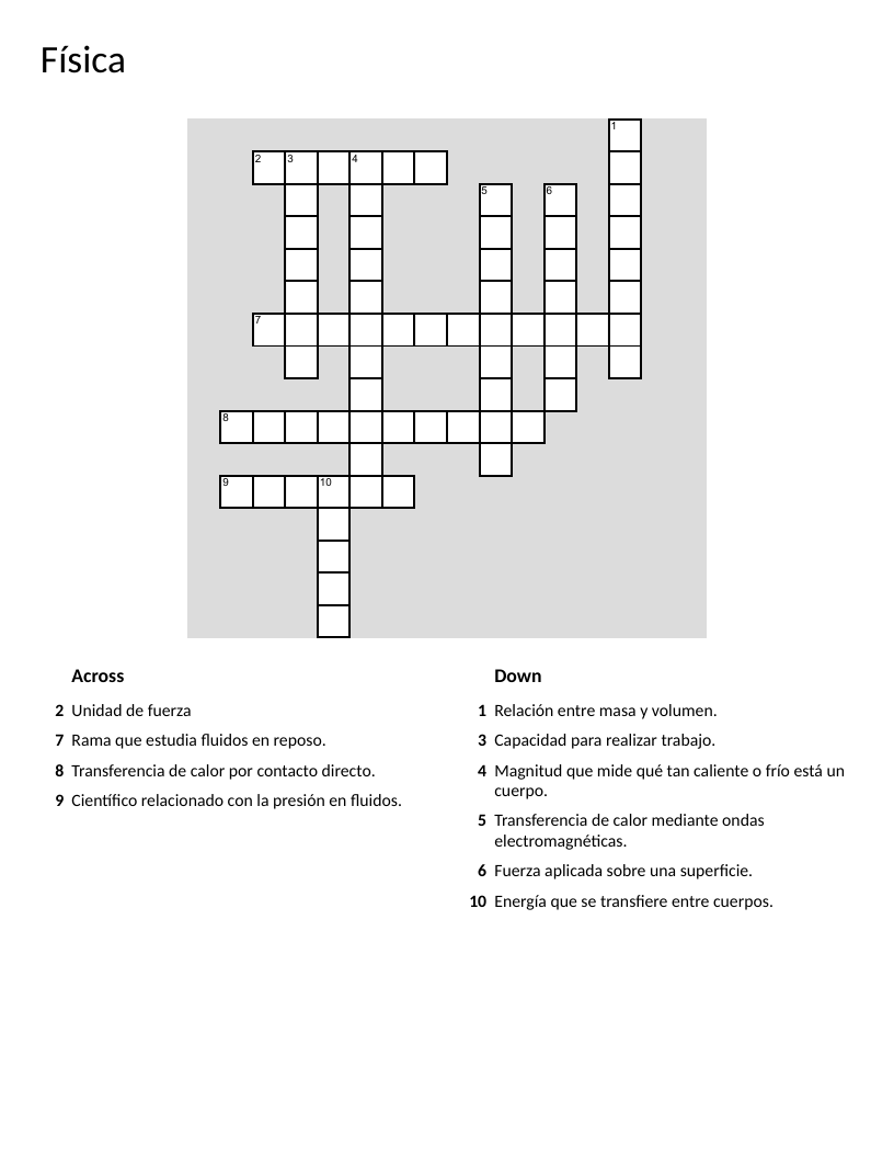 Physics crossword in Spanish with vocabulary including pressure, density, and heat transfer.