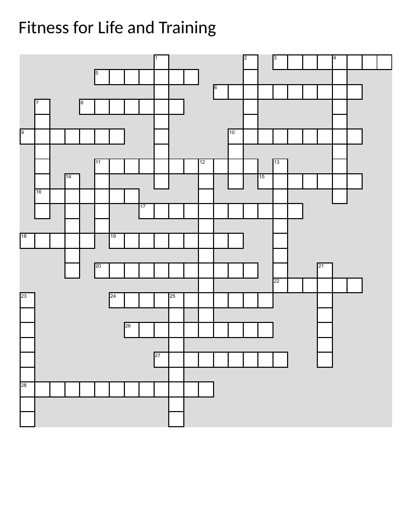Fitness and exercise science crossword with aerobic, anaerobic, FITT, and somatotypes.