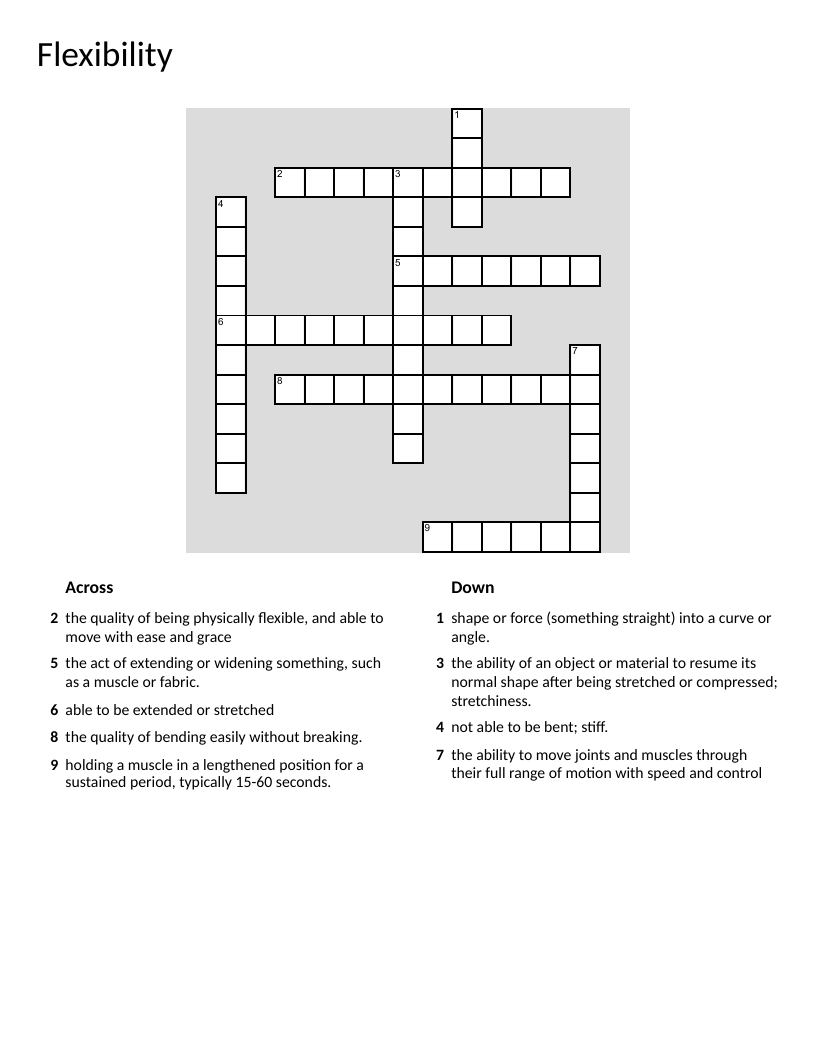 Flexibility crossword puzzle with vocabulary on stretching and range of motion.