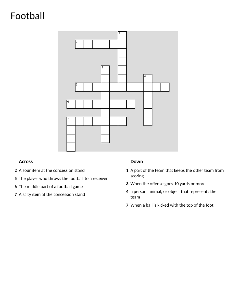 Football crossword puzzle with quarterback, defense, and halftime.