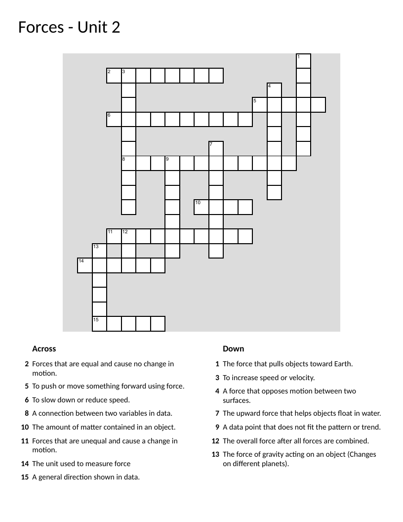 Forces physics crossword with vocabulary like gravity, friction, balanced forces, and acceleration.
