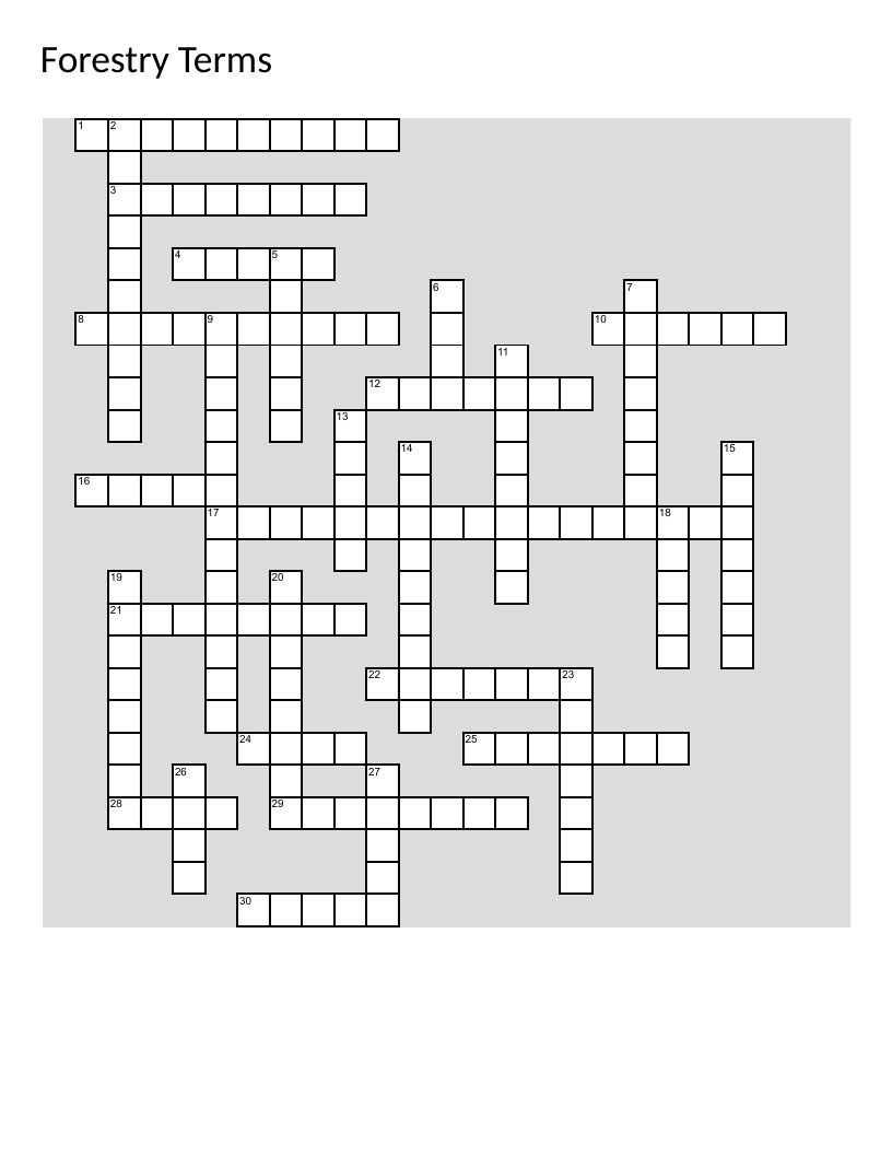 Forestry terms crossword with vocabulary like afforestation, riparian, and earthworks.