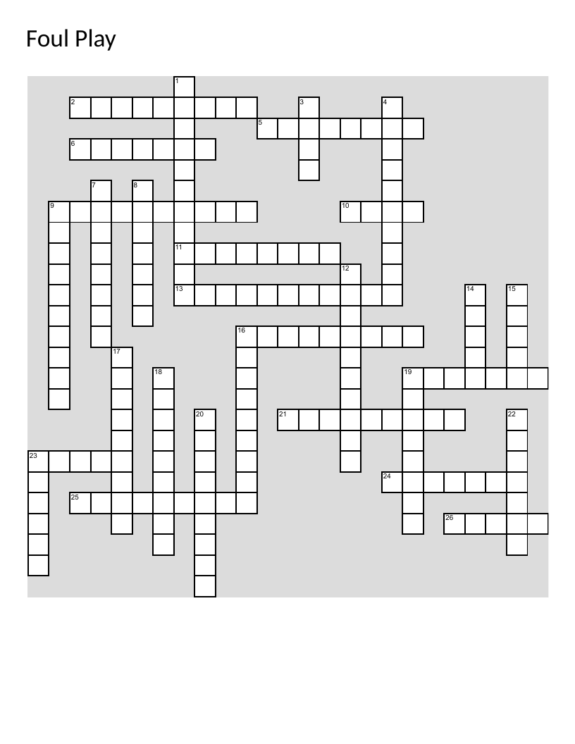 Crime and deception vocabulary crossword with words like treachery, fraud, and chicanery.