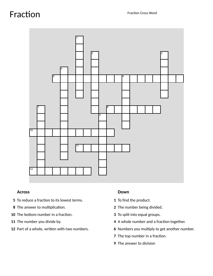 Fractions crossword puzzle with vocabulary like numerator, denominator, and simplifying.