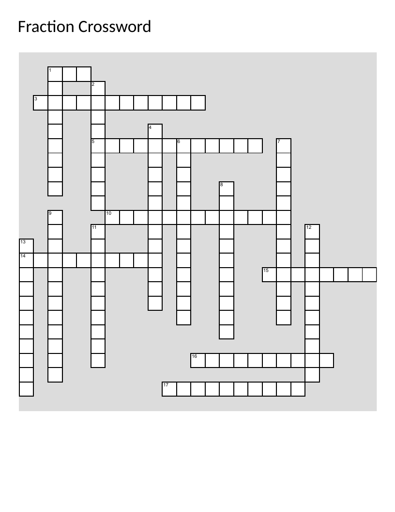 Fraction crossword with clues like one-half, three-fourths, and seven-tenths.