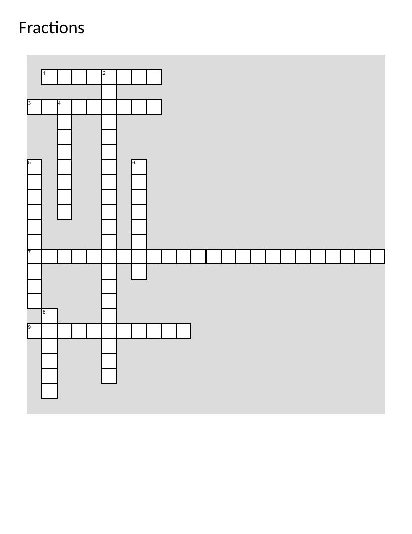 Fractions vocabulary crossword with numerator, denominator, and equivalent fractions.