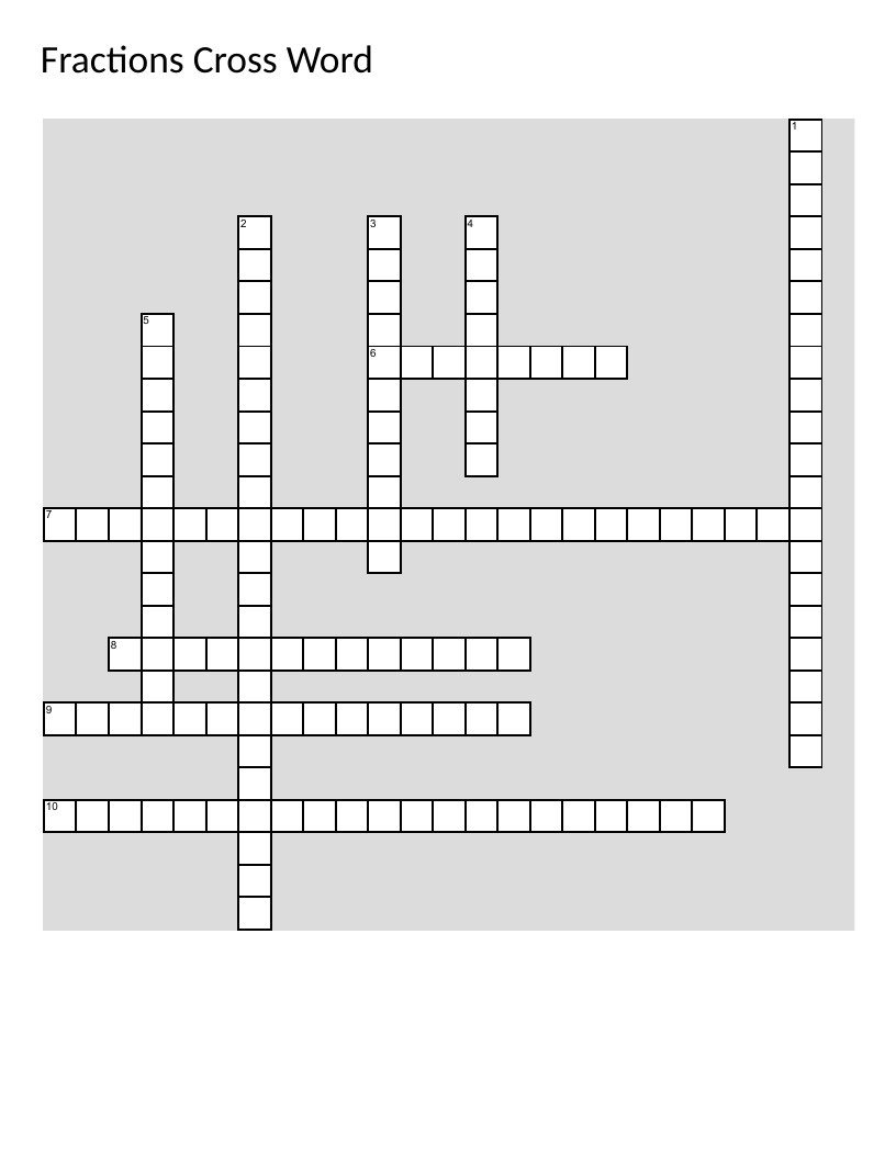 Fractions math crossword with vocabulary like GCF, LCM, and equivalent fractions.