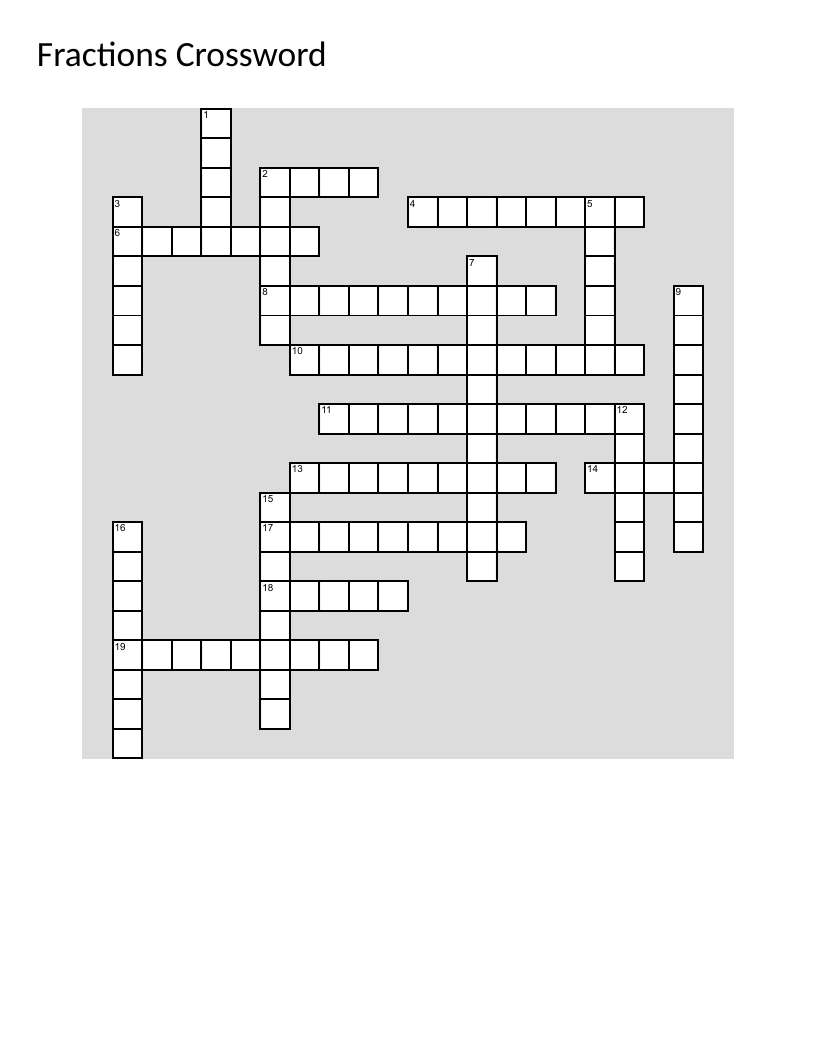 Fractions crossword with numerator, denominator, and equivalent fractions vocabulary.