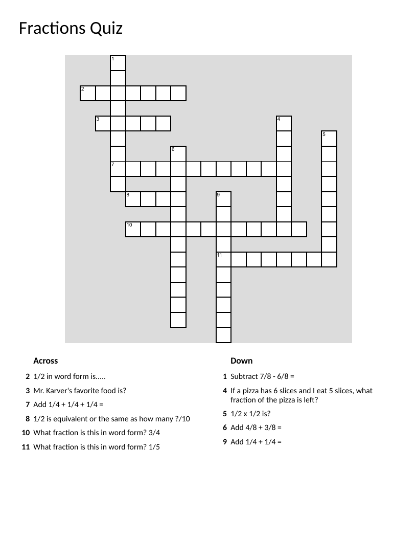 Fractions crossword puzzle with addition, subtraction, and word-form answers.