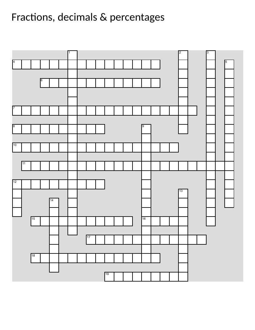 Math crossword with fractions, decimals, and percentages computation problems.