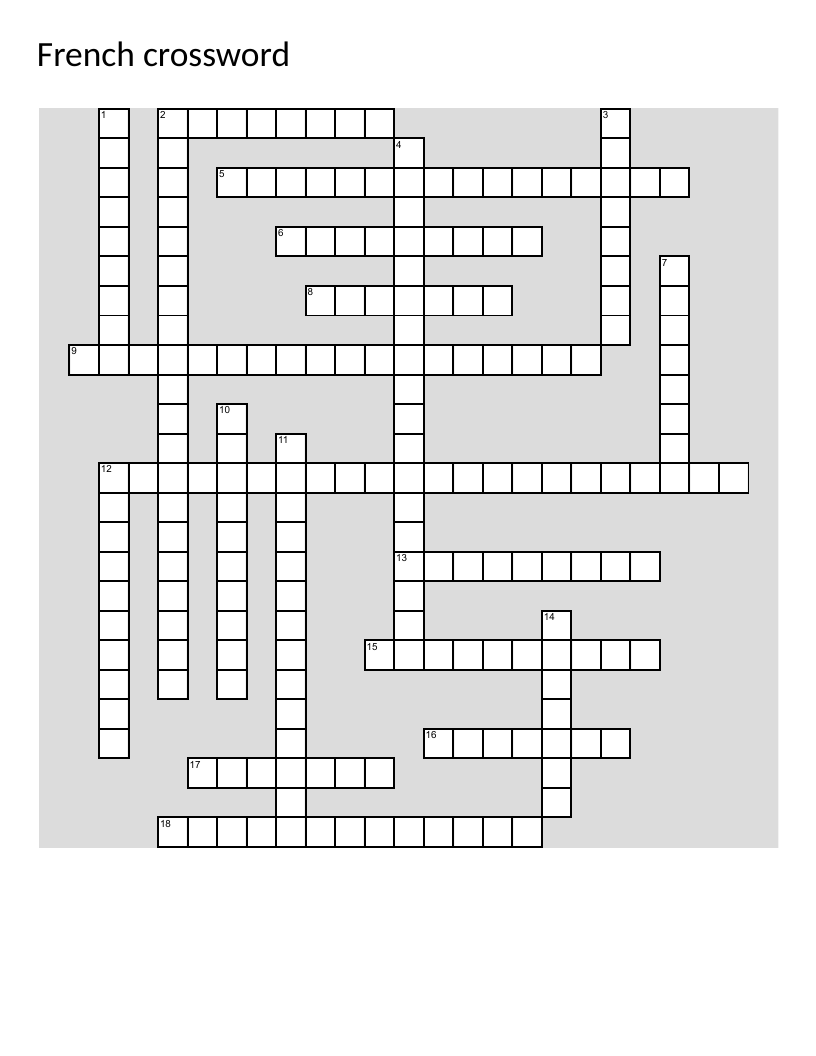 French vocabulary crossword about places: museum, hospital, train station, and more.