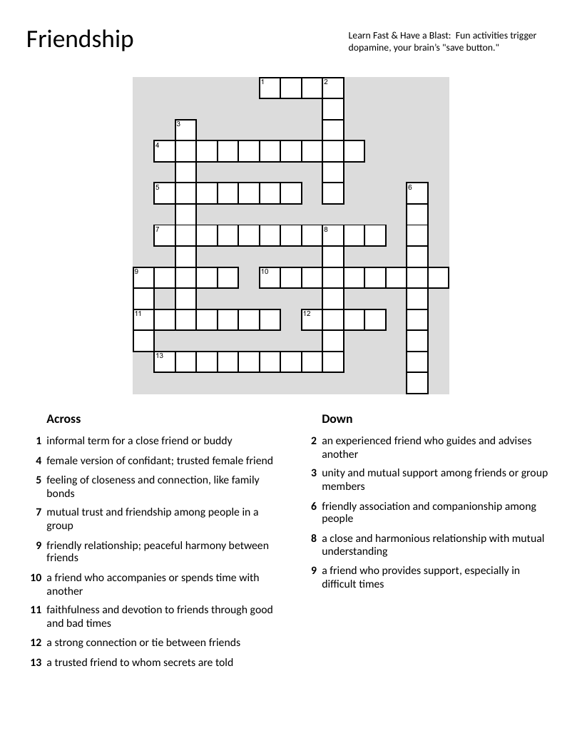 Friendship vocabulary crossword with words like camaraderie, loyalty, and mentor.